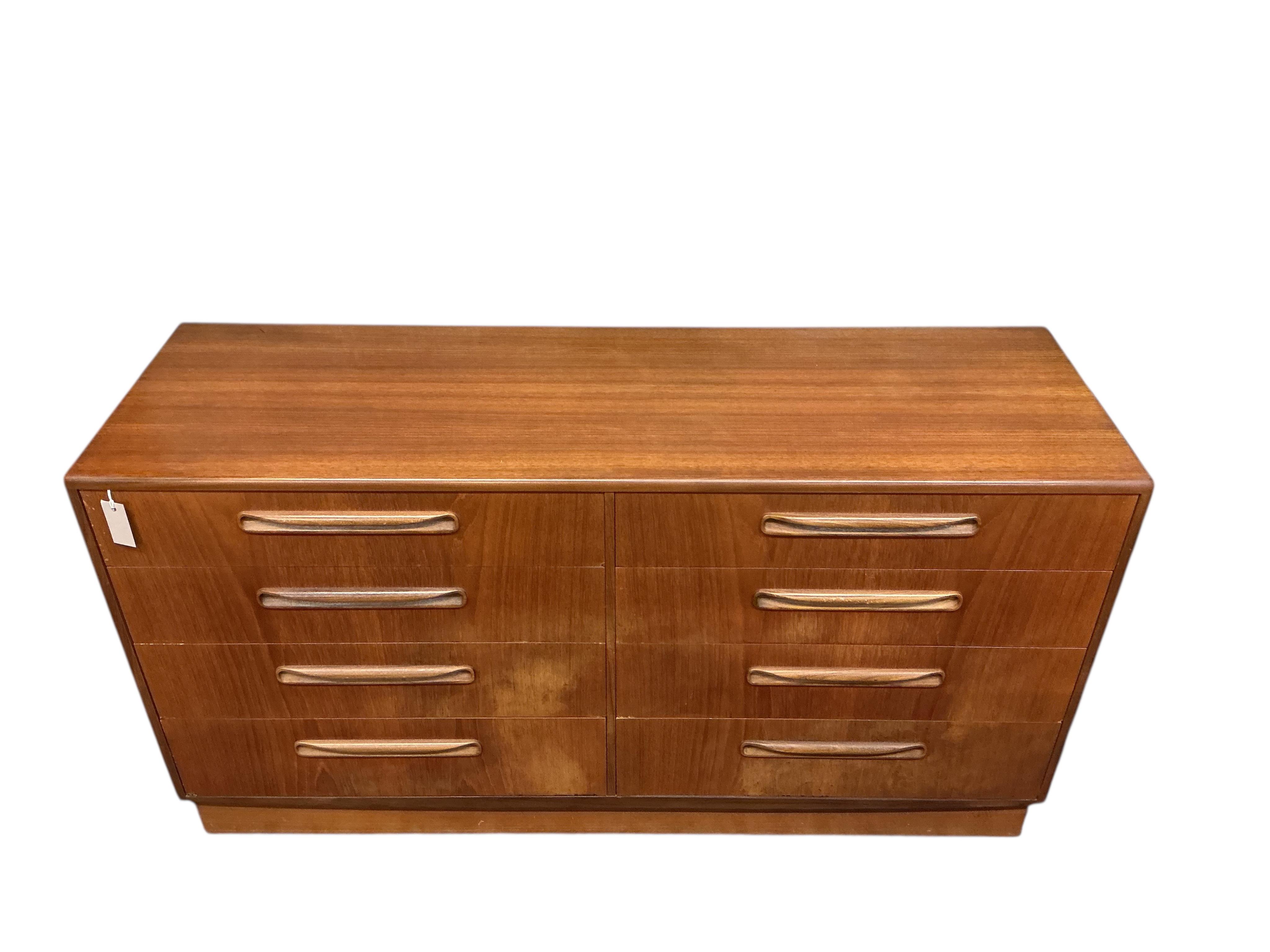 A mid century G plan 'Fresco' teak eight drawer chest, width 142cm, depth 44cm, height 75cm